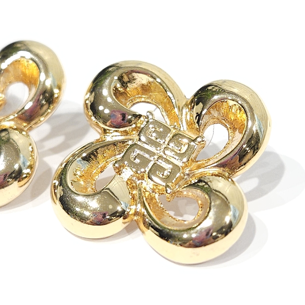 Vintage Givenchy Earrings Logo Icon Bow Post Pierced Gold Tone Chunky